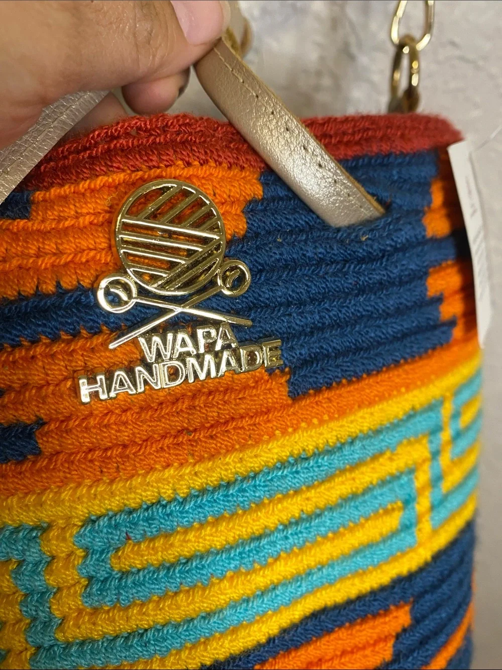 NWT Wapa Handmade Colorful Woven Bucket Bag w/leather Gold Strap